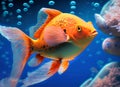orange fish swim in a blue aquarium. Closeup. Generative AI