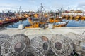 Orange fishing boats in Mar del Plata, Argentina