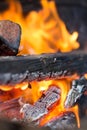 Orange flames burn the wood, closeup of a fire burning wood. Ember and ash Royalty Free Stock Photo