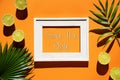 Orange Flat Lay, Picture Frame, Lemon, Text Save The Date