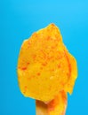 An orange flavor popsicle in a melting process on a blue background Royalty Free Stock Photo