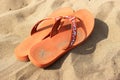 Orange flip-flops on the sand Royalty Free Stock Photo