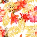 Orange Flower Garden. Autumn Hibiscus Decor. Yellow Tropical Palm. Red Exotic Backdrop . Seamless Print. Pattern Texture. Summer F Royalty Free Stock Photo