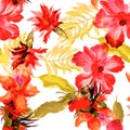 Orange Flower Garden. Autumn Hibiscus Garden. Red Tropical Print. Yellow Exotic Texture . Seamless Leaves. Pattern Plant. Summer I Royalty Free Stock Photo