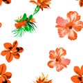 Orange Flower Leaves. Autumn Hibiscus Backdrop. Yellow Tropical Palm. Red Exotic Plant . Seamless Garden. Pattern Background. Flor Royalty Free Stock Photo