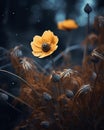 an orange flower is in the middle of a dark field