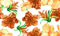 Orange Flower Print. Autumn Hibiscus Design. Red Tropical Garden. Yellow Exotic Wallpaper . Seamless Leaf. Pattern Leaf. Summer Ba Royalty Free Stock Photo