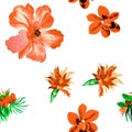 Orange Flower Set. Yellow Hibiscus Design. Autumn Tropical Jungle. Red Exotic Leaf . Seamless Illustration. Pattern Palm. Floral P Royalty Free Stock Photo