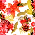 Orange Flower Textile. Red Hibiscus Wallpaper. Autumn Tropical Backdrop. Yellow Exotic Jungle . Seamless Garden. Pattern Decor. Su Royalty Free Stock Photo