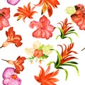 Orange Flower Textile. Yellow Hibiscus Illustration. Autumn Tropical Wallpaper. Red Exotic Painting . Seamless Leaves. Pattern Wal Royalty Free Stock Photo