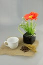 Orange flower in a vase with coffee cup on gunny textile isolate