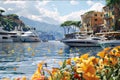 Orange flowers, in the back luxury yachts sailing on the lake. Flowering flowers, a symbol of spring, new life