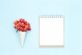 Orange flowers with blank notepad on light blue Royalty Free Stock Photo