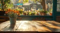 Orange flowers in pot on wooden table sunlight Royalty Free Stock Photo