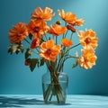 Orange flowers in a vase on a blue background. 3d rendering Royalty Free Stock Photo