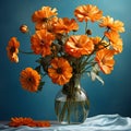 Orange flowers in a vase on a blue background. 3d rendering Royalty Free Stock Photo