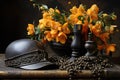 Orange flowers in a vase, an iron candlestick and an old military helmet. Altar of the memory