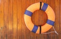 Orange foam life buoy on wood wall