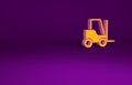 Orange Forklift truck icon isolated on purple background. Fork loader and cardboard box. Cargo delivery, shipping