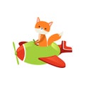 Orange fox flying on little green airplane. Cartoon character of wild forest animal. Cute pilot of plane. Flat vector