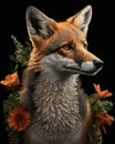 orange fox portrait with gren flowers black background image generative AI Royalty Free Stock Photo