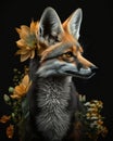 orange fox portrait with gren flowers make glossy on black background generative AI Royalty Free Stock Photo