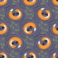 Orange foxes, plants and pine vector seamless pattern Royalty Free Stock Photo