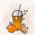 Orange fresh fruit citrus cocktail of orange juice in a plastic glass for juice, cartoon illustration vector sketch icon Royalty Free Stock Photo