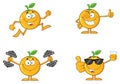 Orange Fresh Fruit With Green Leaf Cartoon Mascot Character 3. Collection Set