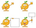 Orange Fresh Fruit With Green Leaf Cartoon Mascot Character 1. Collection Set