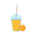 Orange Fresh Juice in Glass with Cap Illustration. Ice Fruit Cocktails in Plastic Cup with Straw. Slice of Orange and Royalty Free Stock Photo