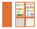 Orange fridge with open doors, a full of food