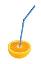Orange fruit with blue straw Royalty Free Stock Photo