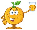 Orange Fruit Cartoon Mascot Character Presenting And Holding Up A Glass Of Juice