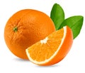 Orange fruit with cut of orange and green leaves isolated on white background. clipping path Royalty Free Stock Photo