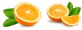 Orange fruit with cut of orange and green leaves isolated on white background. clipping path Royalty Free Stock Photo