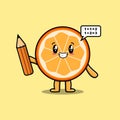 Orange fruit cute clever student with pencil Royalty Free Stock Photo