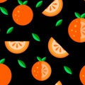 Orange fruit flat icons Seamless Pattern set black background. Cartoon summer food cute kawaii style. Funny doodle illustration.