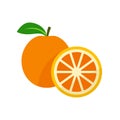 Orange fruit flat vector illustration. Whole and cut orange.