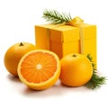 Orange fruit and gift box isolated on white background close up,  Full depth of field Royalty Free Stock Photo