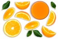 Orange fruit with green leaf and glass of orange juice Royalty Free Stock Photo