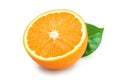 Orange fruit half with leaves isolated on white background Royalty Free Stock Photo