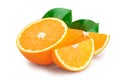 Orange fruit half with leaves isolated on white background Royalty Free Stock Photo