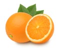 Orange fruit half and leaves isolated on white background Royalty Free Stock Photo