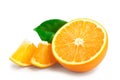 Orange fruit half with leaves isolated on white background Royalty Free Stock Photo