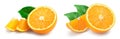 orange fruit half with leaves isolated on white background Royalty Free Stock Photo