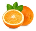 Half orange fruit with green leaves isolated on white background. clipping path Royalty Free Stock Photo