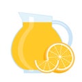 Orange fruit juice in glass jug and half slice orange. Fresh citrus fruit drink with vitamins. Vector illustration Royalty Free Stock Photo