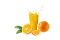 Orange fruit juice glass with splash and drops and sliced orange fruit isolated on white background Royalty Free Stock Photo