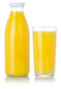 Orange fruit juice smoothie drink in a bottle and glass isolated on white Royalty Free Stock Photo